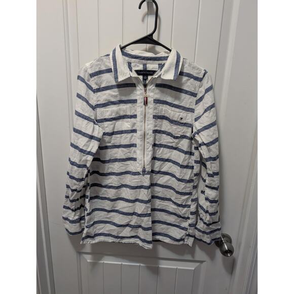 Tommy Hilfiger Shirt Womens M Blue Stripes Zip Collared Preppy Long Sleeve - Picture 1 of 9